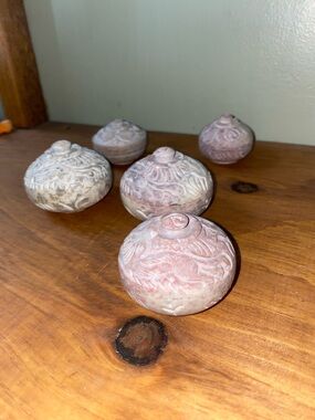 Hand-Carved Round Stone Boxes in Pink & Cream Marbleized Tones